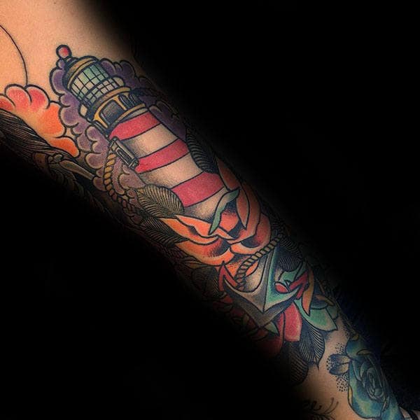 Nautical Themed Male Traditional Lighthouse Full Sleeve Tattoo Ideas