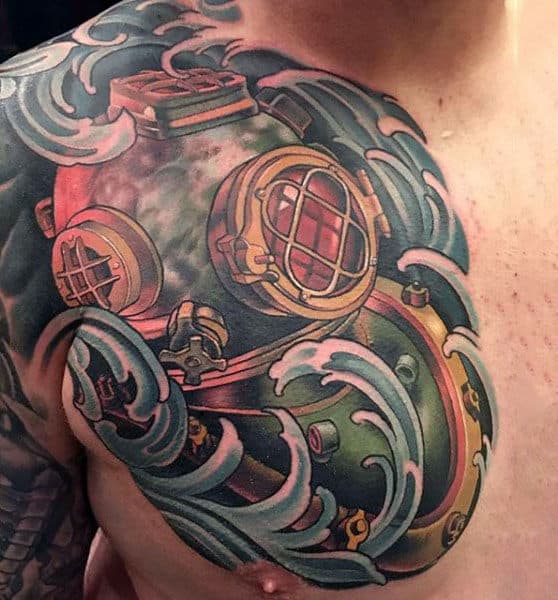 Nautical Themed Optical Illusion Mens Tattoo On Upper Chest And Shoulder