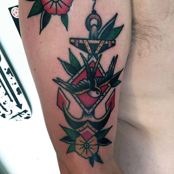 Nautical Themed Ship In A Bottle Mens Traditional Anchor Arm Tattoos