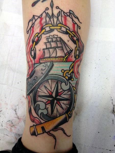 Nautical Themed Traditional Compass Mens Lower Leg Tattoo Ideas