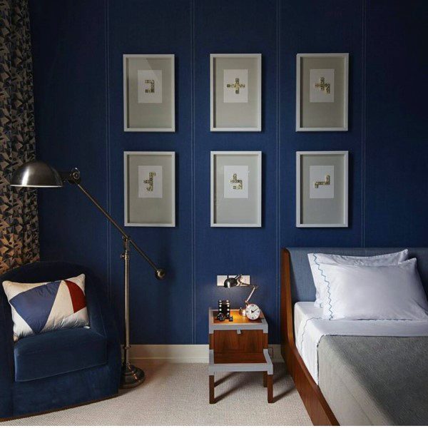 blue bedroom wood bed blue seat lamp