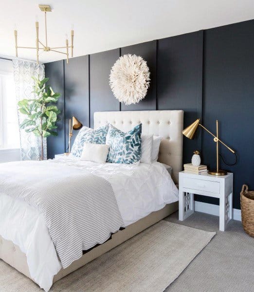stylish modern bedroom with blue accent wall