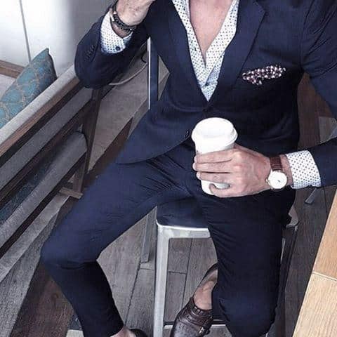 Navy Blue Suit Without Tie And Brown Shoes Style Looks For Men