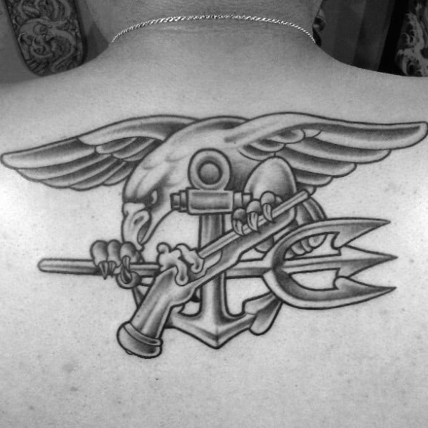 Navy Trident Mens Upper Back Tattoo Ideas