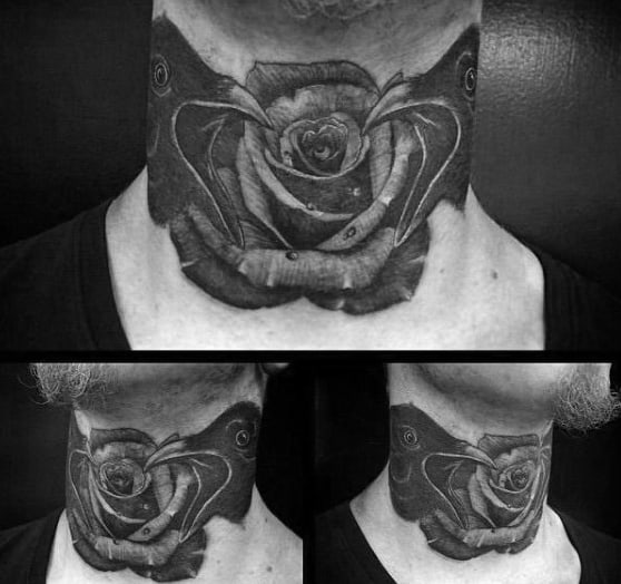 Neck Realistic Rose Tattoo With Black Crows On Man