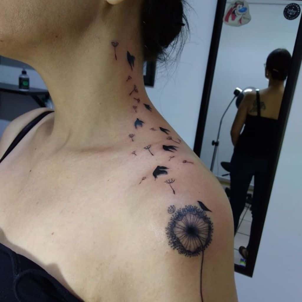 neck tattoo dandelion with birds