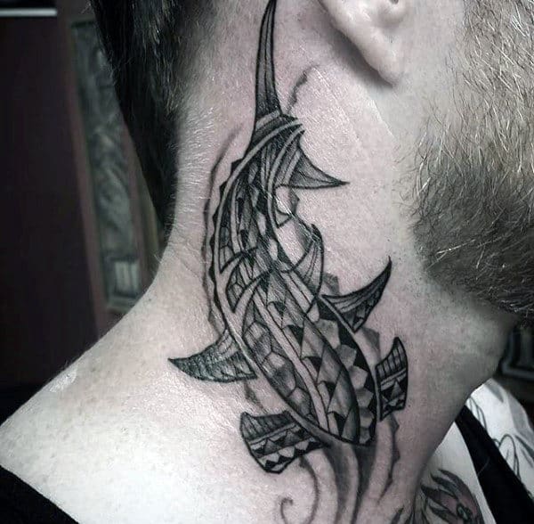Neck Tribal Hammerhead Shark Tattoo For Men