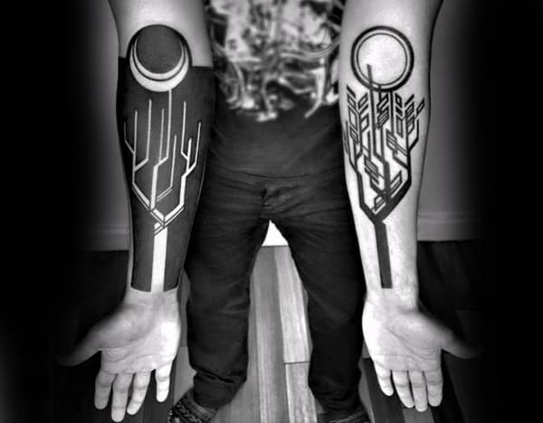 Negative Space Abstract Life Death Linework Mens Forearm Tattoos