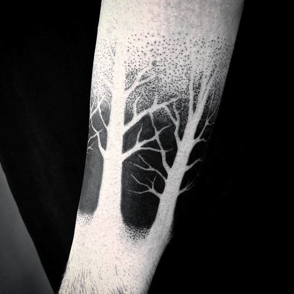 Negative Space Black Ink Trees Male Tattoo Ideas On Forearm