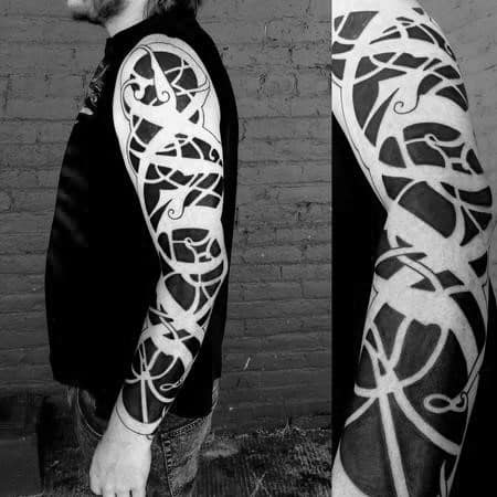 Negative Space Blackwork Mens Celtic Sleeve Tattoo