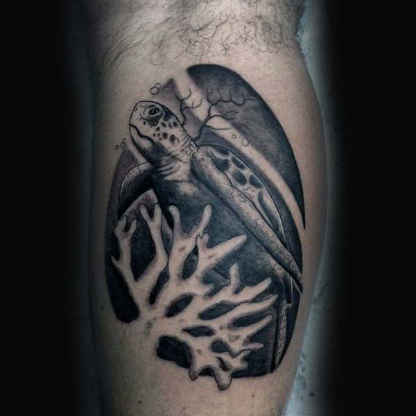 Negative Space Coral With Turtle Mens Leg Calf Tattoos