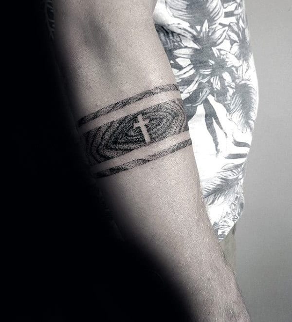 Negative Space Cross Male Black Band Forearm Tattoo