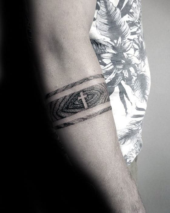 Negative Space Cross With Woodgrain Design Mens Forearm Band Tattoo