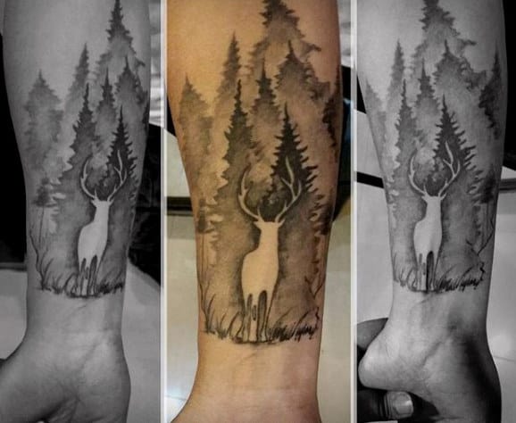 Negative Space Deer In Forest Mens Wrist Tattoos