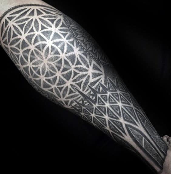 Negative Space Dotwork Male Flower Of Life Tattoos On Leg