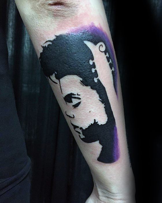 Negative Space Guitar Prince Tattoo Ideas On Guys Outer Forearm