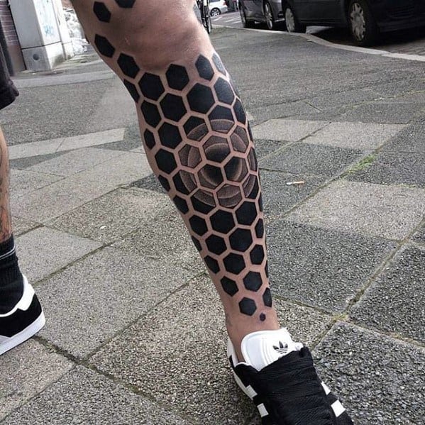 Negative Space Hexagon Geometric Leg Sleeve Male Tattoo Ideas