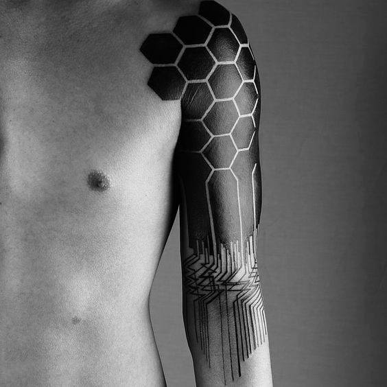Negative Space Hexagon Shoulder And Half Sleeve All Black Tattoo