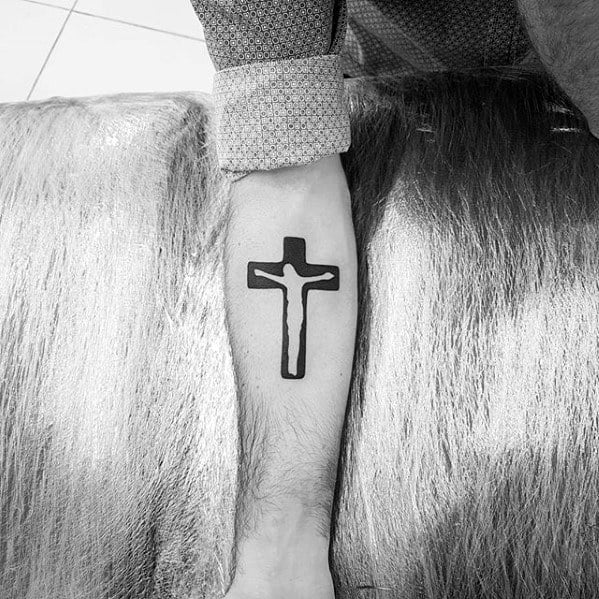 Negative Space Jesus Simple Cross Mens Inner Forearm Tattoo