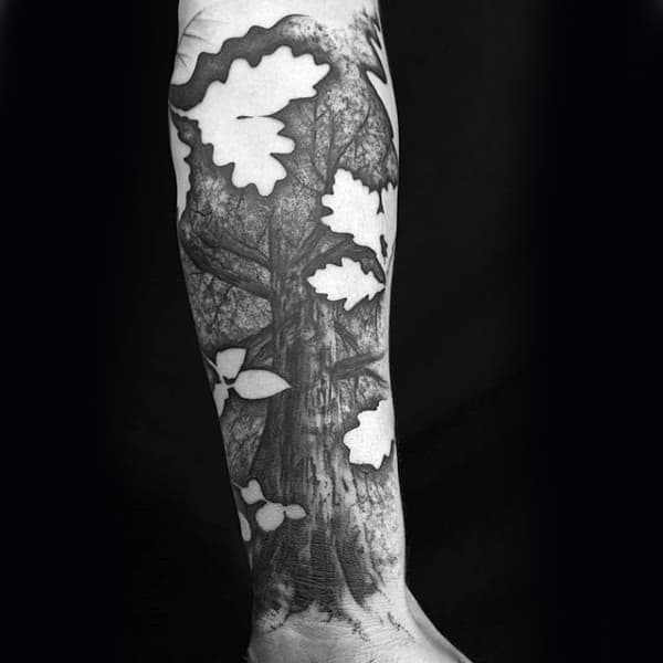 Negative Space Leaves Tree Sleeve Mens Tattoos