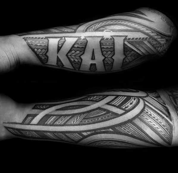 Negative Space Letters Polynesian Mens Tribal Tattoo On Forearm