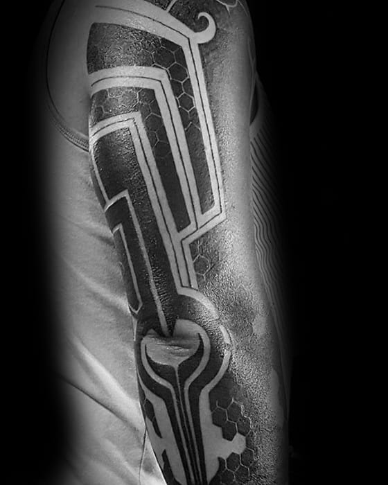 Negative Space Lines Artistic Male Blackout Sleeve Tattoo Ideas