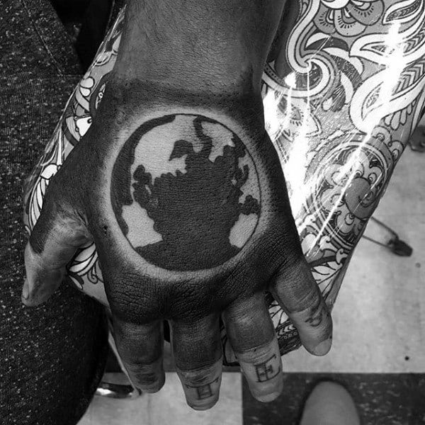 Negative Space Mens Blackwork Globe Hand Tattoos