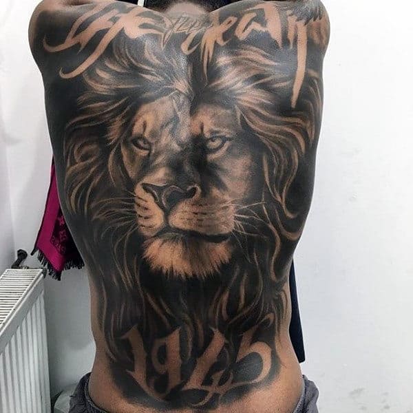 Negative Space Mens Dark Shaded Lion Back Tattoo
