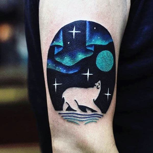 Negative Space Mens Small Northern Lights Polar Bear Arm Tattoo