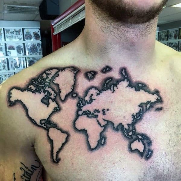 Negative Space Mens World Map Chest Minimal Tattoo Designs