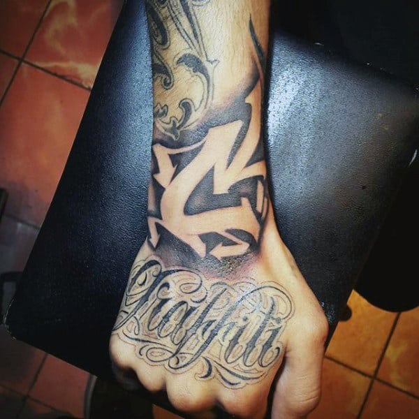 Negative Space Mens Wrist Black Ink Graffiti Tattoos