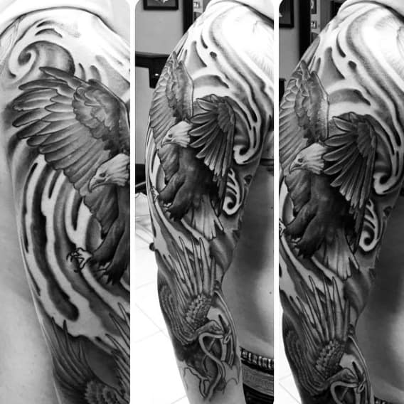Negative Space Mexican Eagle Guys Full Arm Sleeve Tattoos