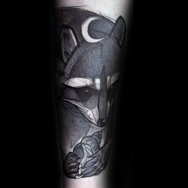 Negative Space Moon Guys Raccoon Forearm Sleeve Tattoos