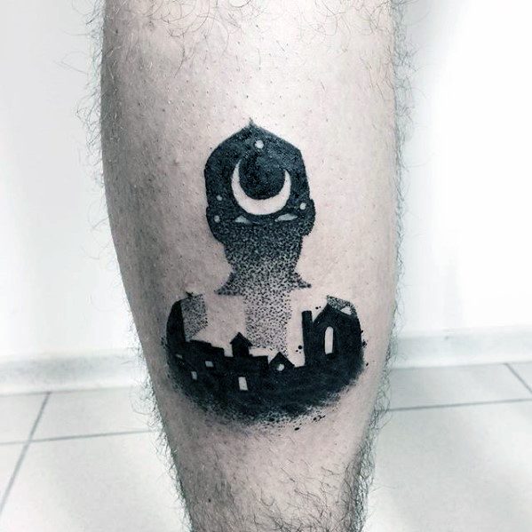 Negative Space Moon With Buildings Coolest Mens Small Leg Tattoos