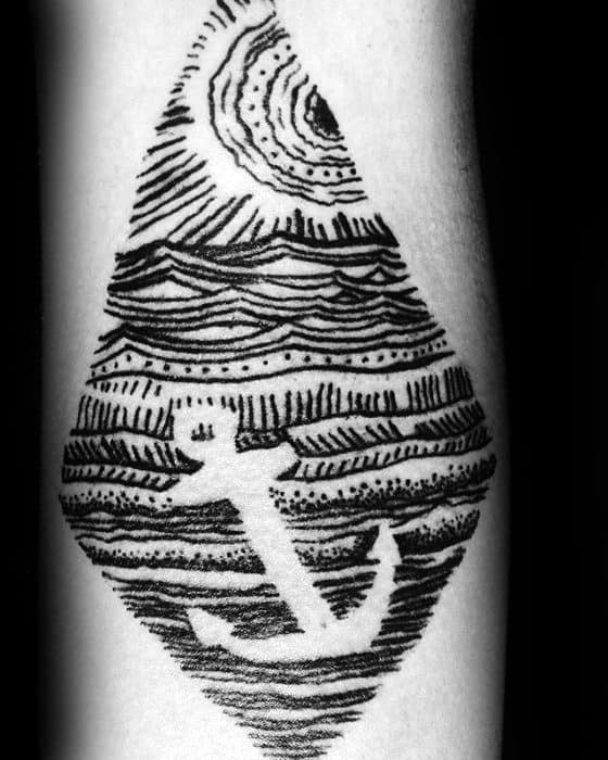 negative space ocean waves anchor mens small forearm tattoo