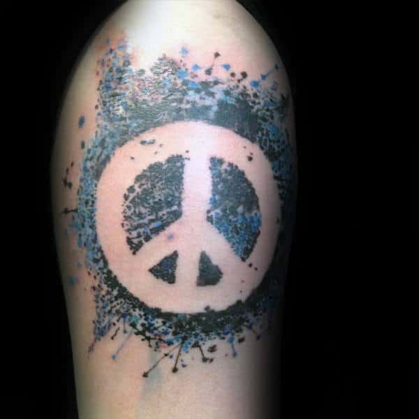 Negative Space Peace Sign Black And Blue Dots Mens Upper Arm Tattoos
