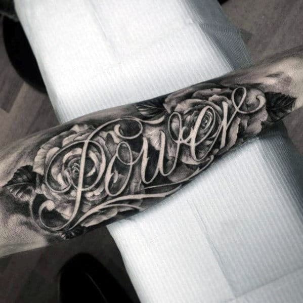 Negative Space Rose Flower Powers Male Name Forearm Tattoo