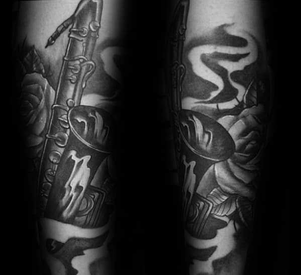 Negative Space Saxophone Tattoo Sleeve Ideas For Guys