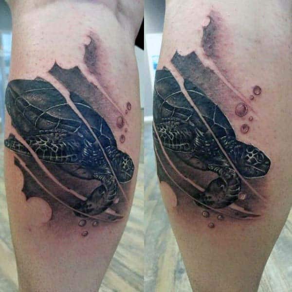 Negative Space Shaded Turtle Tattoo For Men On Leg Calf