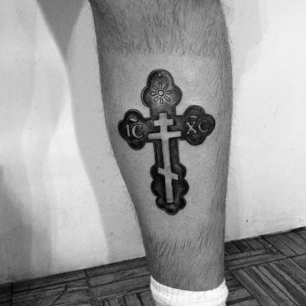 Negative Space Small Religious Cross Mens Leg Calf Tattoo