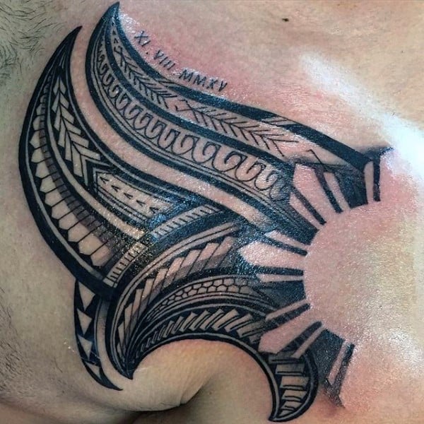 Negative Space Sun Samoan Tribal Mens Chest Tattoo