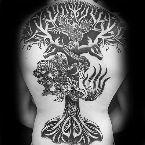 Negative Space Tree Celtic Knot Mens Full Back Tattoos