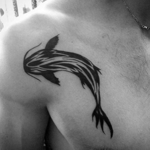 Negative Space Tribal Catfish Guys Black Ink Upper Chest Tattoos