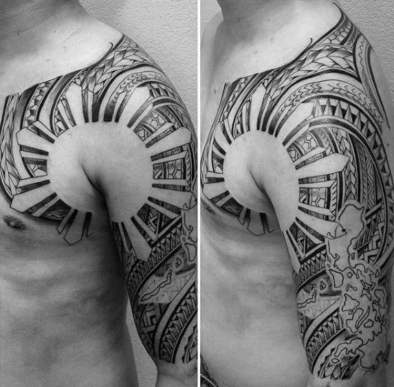 Negative Space Tribal Filipino Sun Mens Tattoo Designs