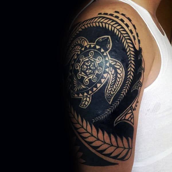 Negative Space Tribal Turtle Tattoo On Male Half Sleeve Design