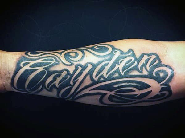 Negative Space Word Name Mens Outer Forearm Tattoo