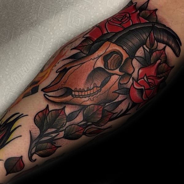 Neo Traditional Animal Skull Guys Arm Tattoo Ideas