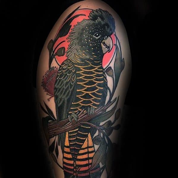 Neo Traditional Arm Parrot Mens Tattoo Ideas