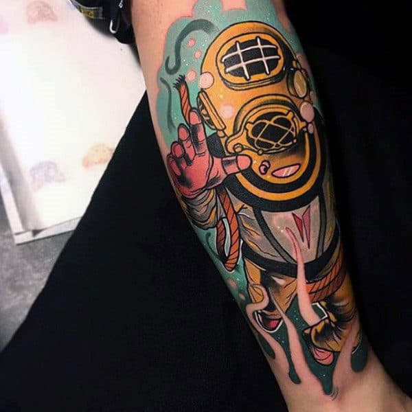 Neo Traditional Awesome Deep Sea Diver Forearm Sleeve Tattoo For Guys