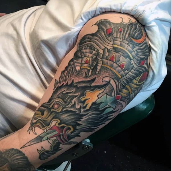 Neo Traditional Castle Tattoo For Men On Upper Arm